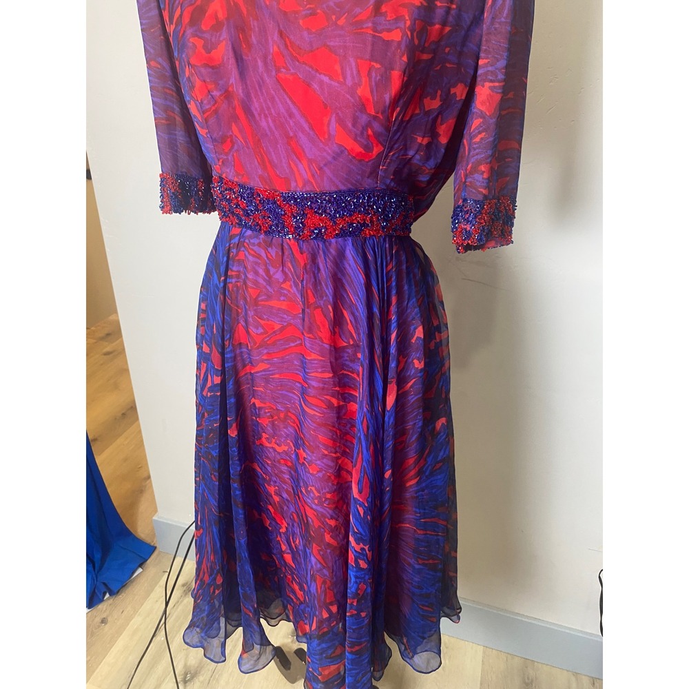 Vintage 60's Silk Chiffon Beaded Dress Blue Red Abstract Print Cocktail S - Picture 8 of 9